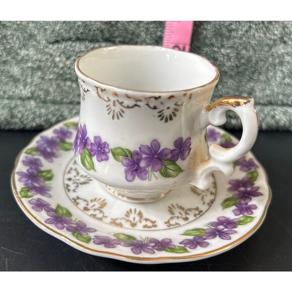 Vintage Inarco Japan Demitasse Cup And Saucer Set Violets Gold Accent - Picture 7 of 13